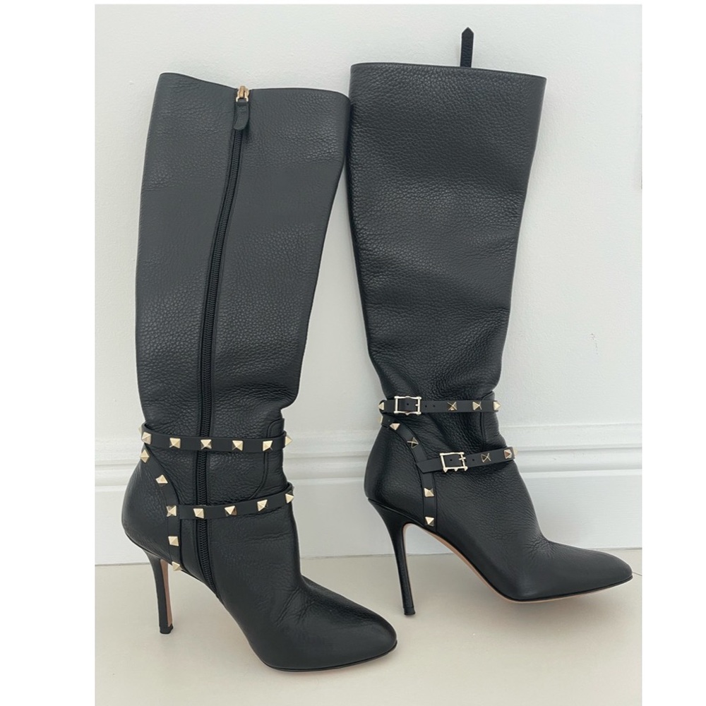 Valentino Garavani Women’s Black Rockstud Leather MidCalf High Heel Boots SIZE 8